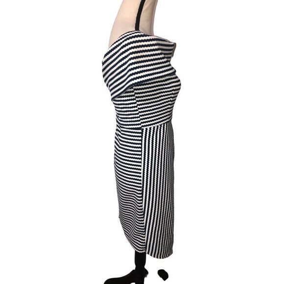 Hutch Off Shoulder Dress Size S Blue White Striped Knit Asymmetrical Nautical - Picture 5 of 11